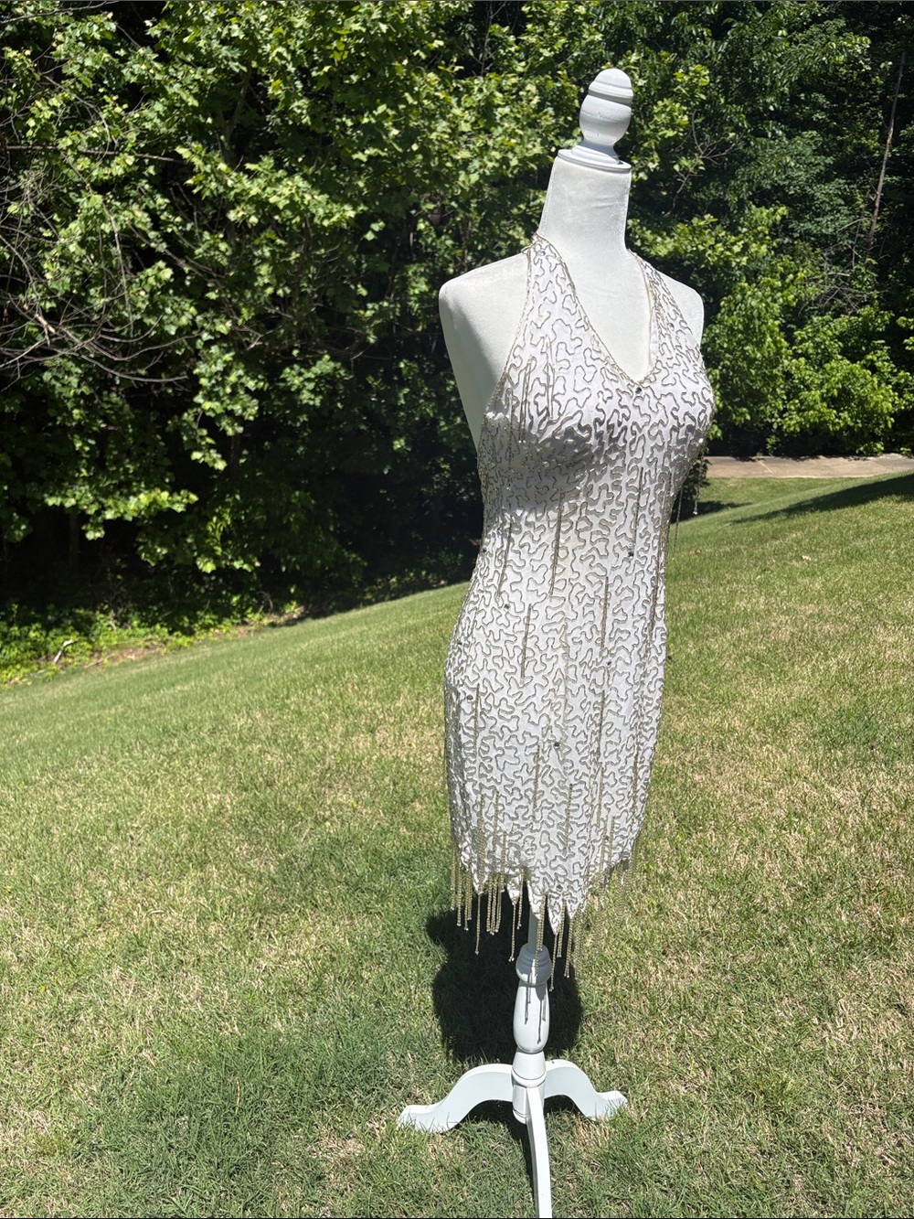 Vintage White Silk Beaded Halter Cocktail Dress Size 6 - Picture 3 of 15